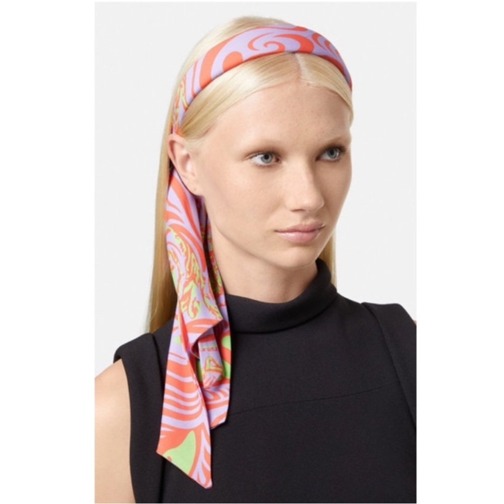 Versace Medusa Multicolor Purple Orange Scarf Music Print Silk Headband Like New
